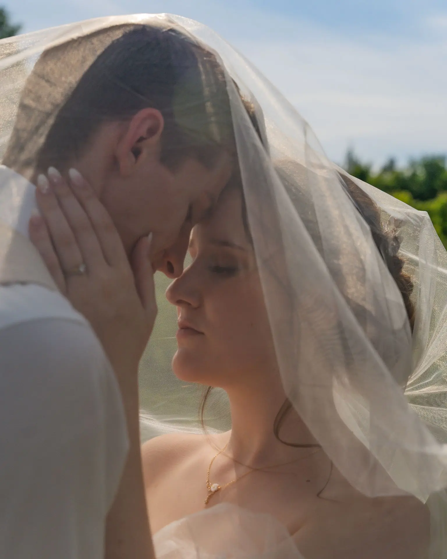 Bride holding her veil in soft natural light – fine art wedding photography