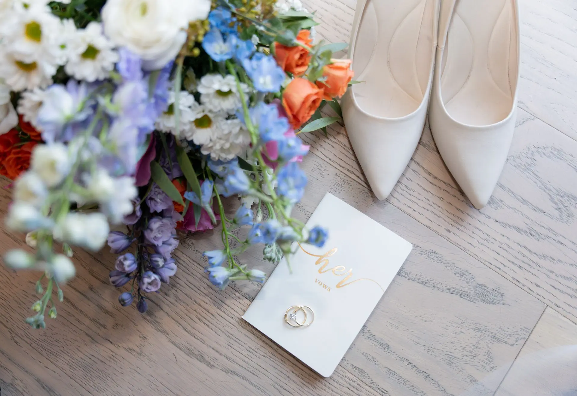 Wedding invitation flatlay with rings and florals – styled wedding photography